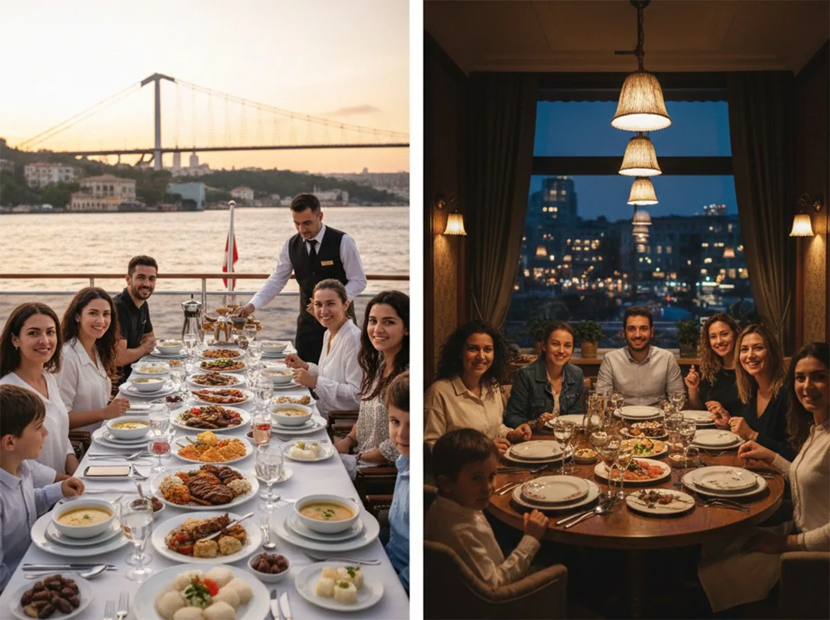 Teknede ve restoranda kurulan iftar sofralarının karşılaştırmalı görünümü
