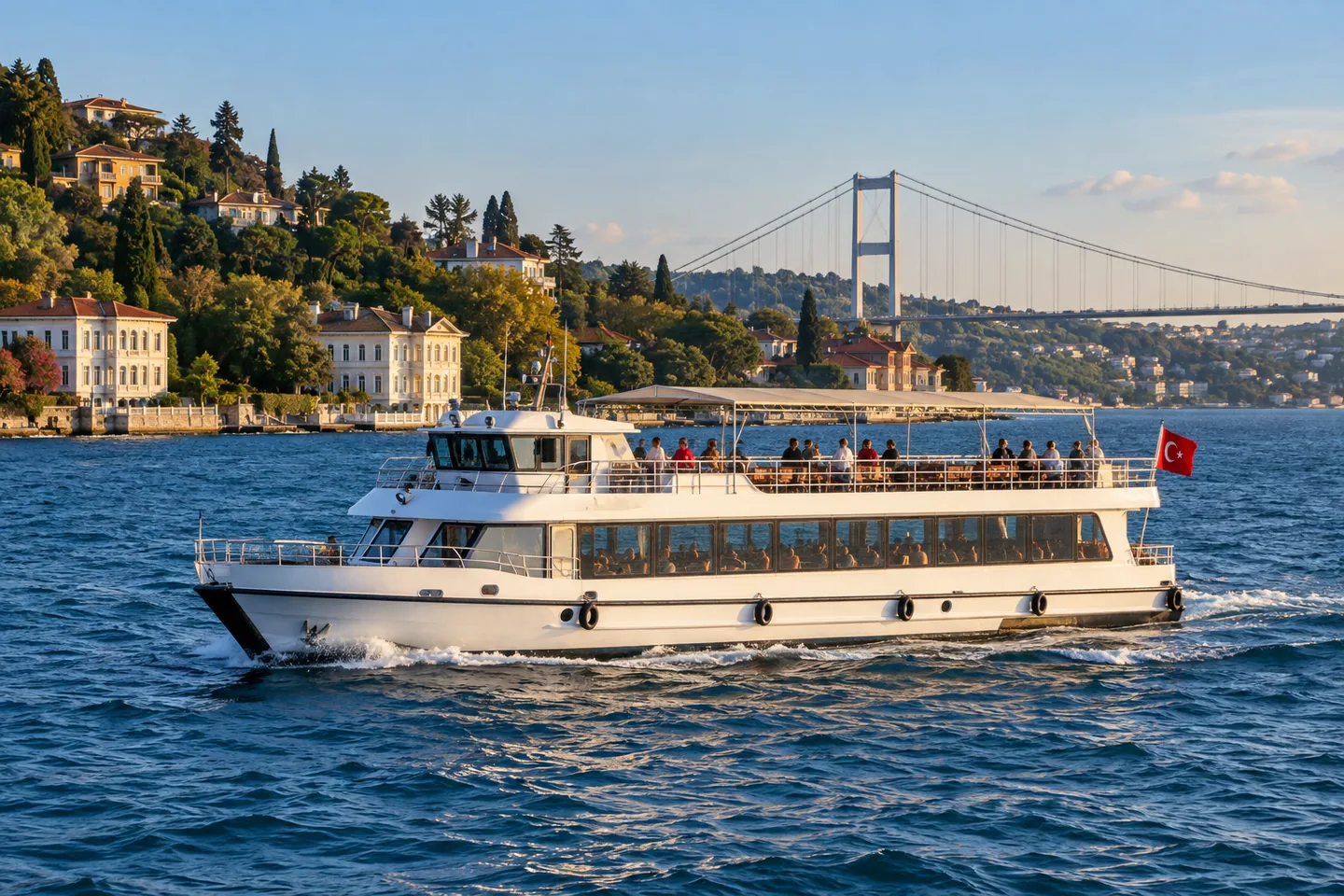 İstanbul Boğazı’nda köprü ve yalılar manzarasında yolcularıyla seyreden tur teknesi