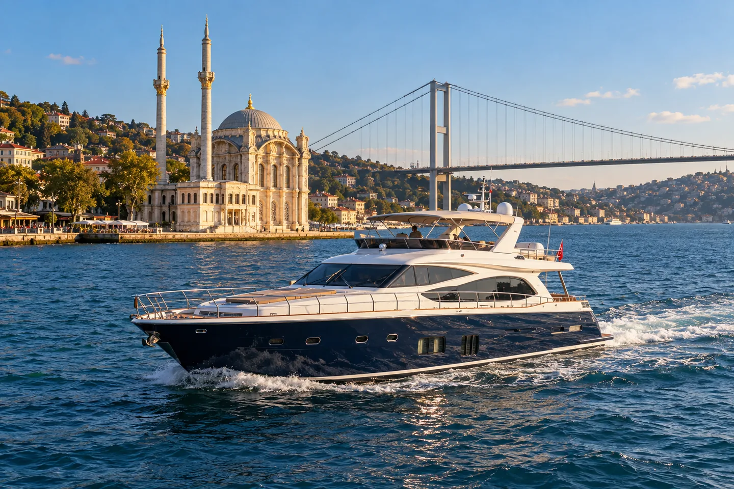 Ortaköy Camii ve Boğaz Köprüsü manzarasında seyreden yat