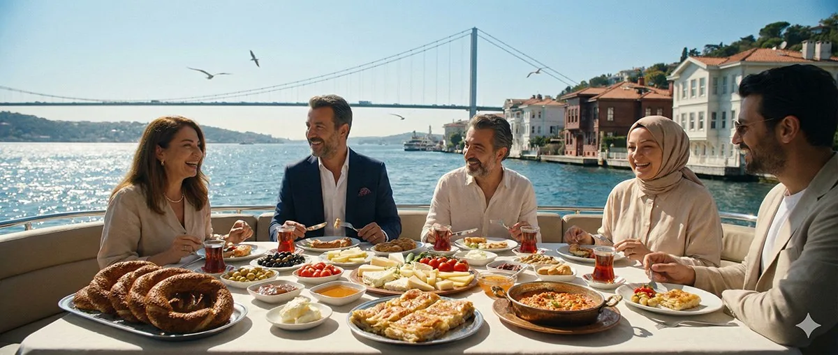 Boğaz manzaralı teknede kahvaltı sofrası