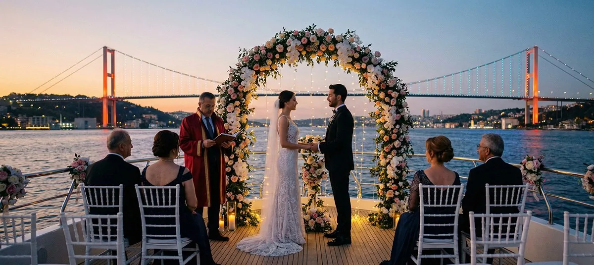 Boğaz manzaralı tekne güvertesinde çiçekli nikah alanı