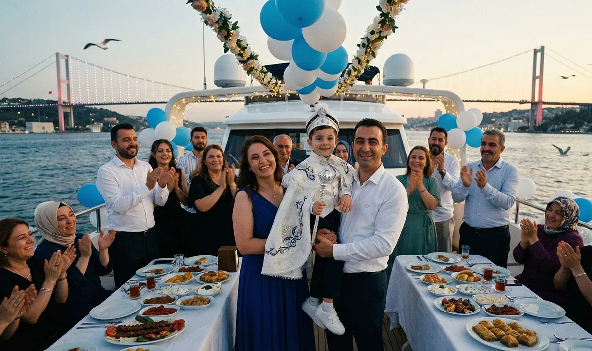 Teknede balonlarla süslenmiş sünnet düğünü kutlaması