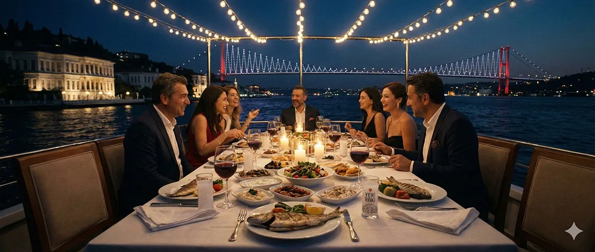 Işıklandırılmış güvertede Boğaz manzaralı akşam yemeği masası